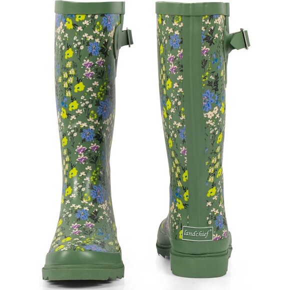 Women's Blossom Green Waterproof Tall Knee High Rubber landchief Rain Boot - Picture 5 of 6